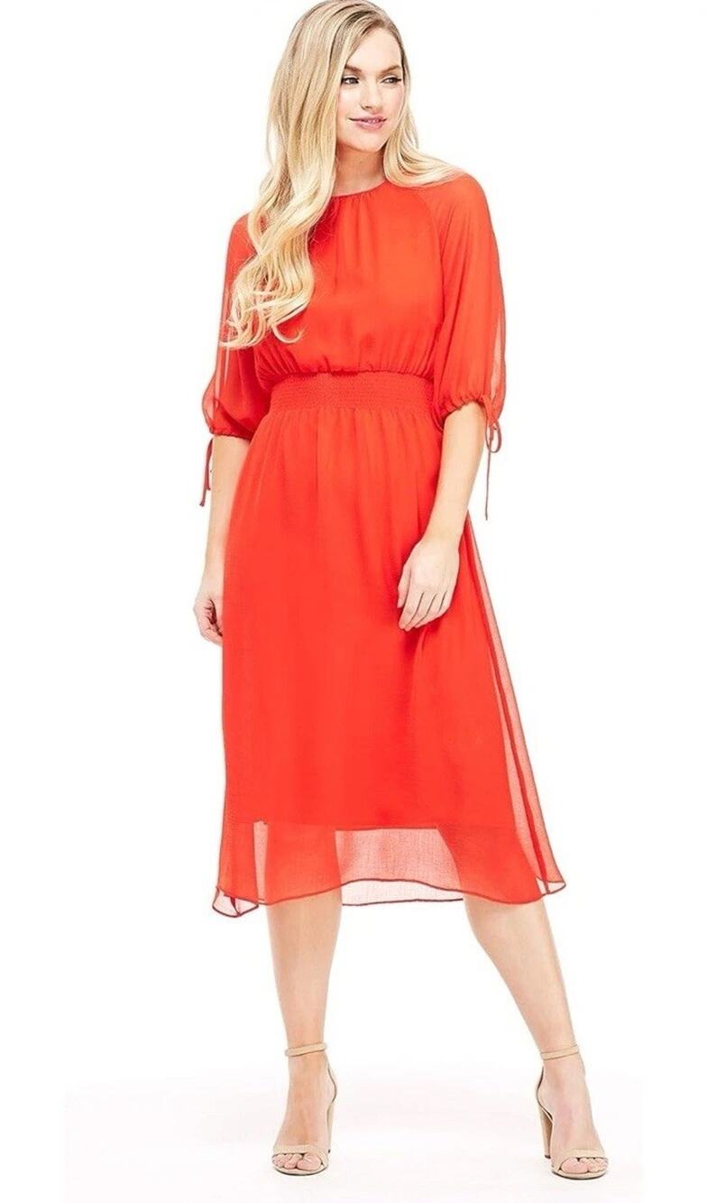 $158 New Sz Small  Maggy London Women Bright Red Long Midi Dress Chiffon